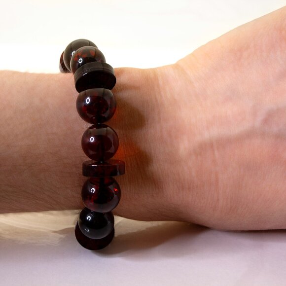 100% NATURAL Dark Cherry Amber Bracelet, 13-14 mm Round Beads with Disks - Picture 8 of 8